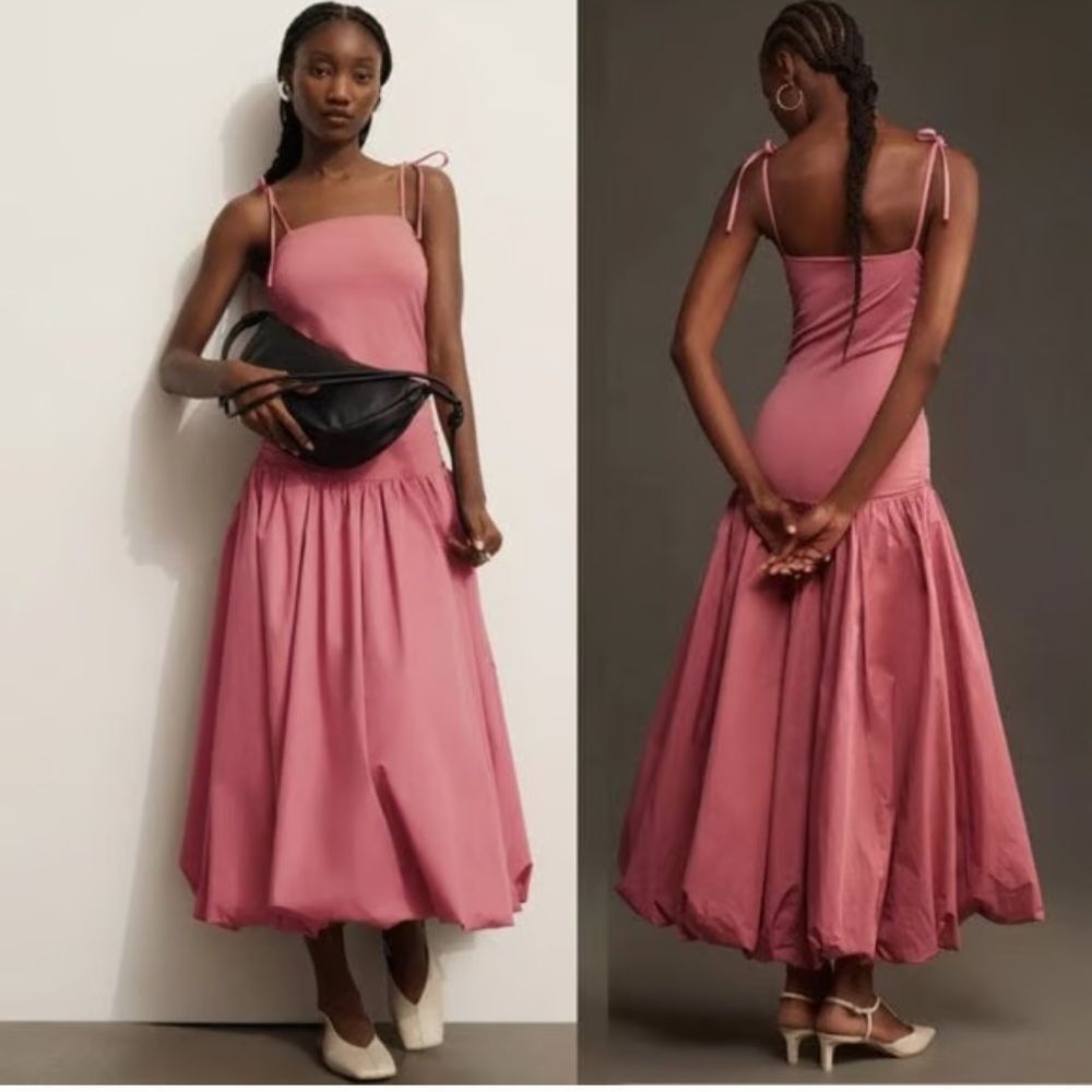 Anthropologie Mare Mare Sleeveless Drop-Waist Bubble-Hem Midi Dress Rose - Picture 4 of 7